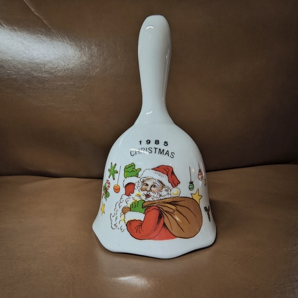 Vintage 1985 Santa Claus Porcelain Hand Bell Christmas Gold Tone Tip 80s - Picture 1 of 11